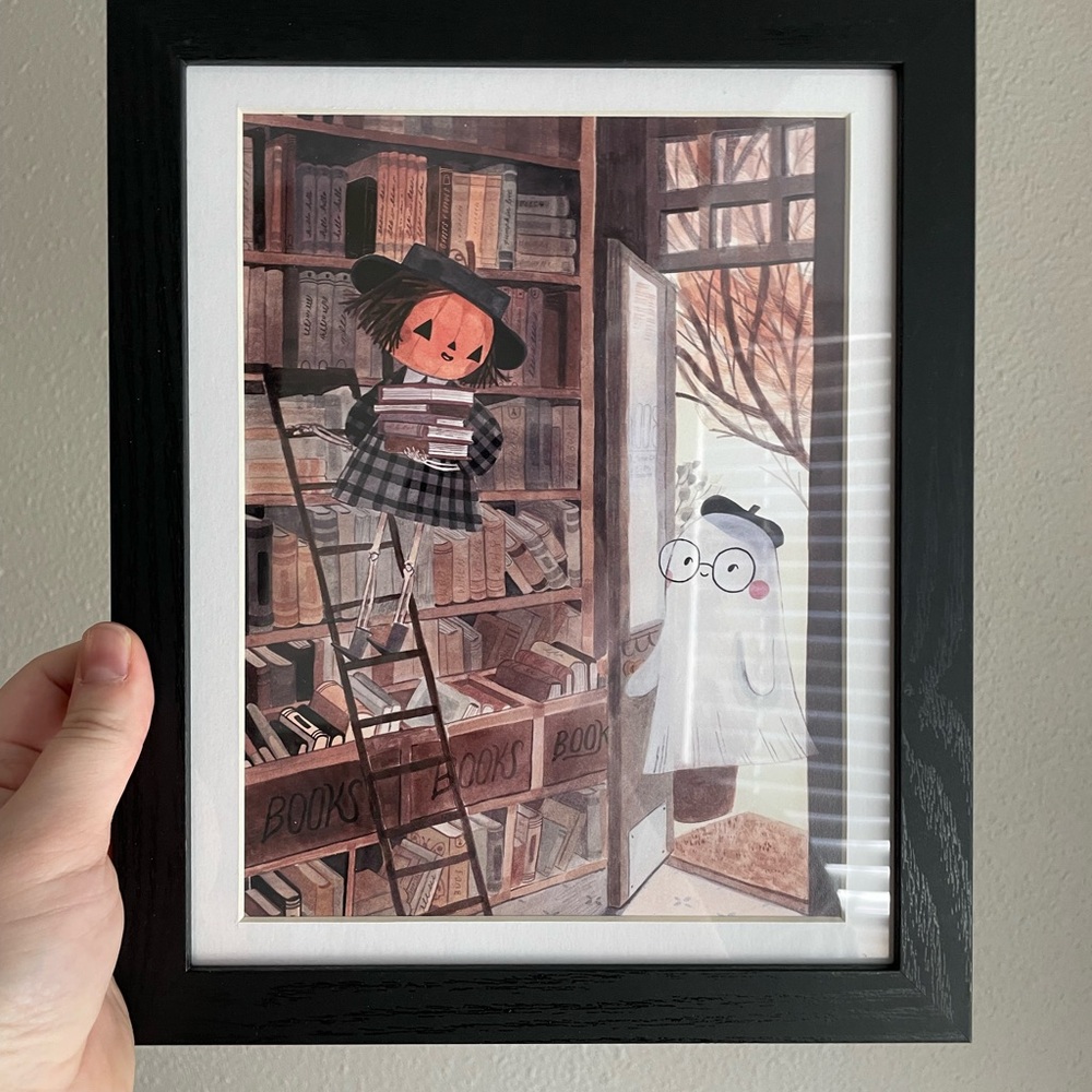 Framed Halloween Library Art Print with Frame